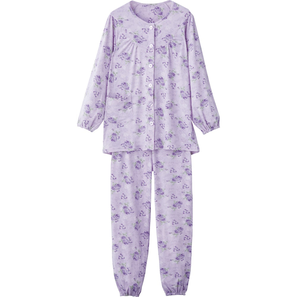 【セール対象商品】ケアファッション ワンタッチのびのびストレッチパジャマ 花柄 手足口ゴム 長袖 女性用 パープル Mサイズ
