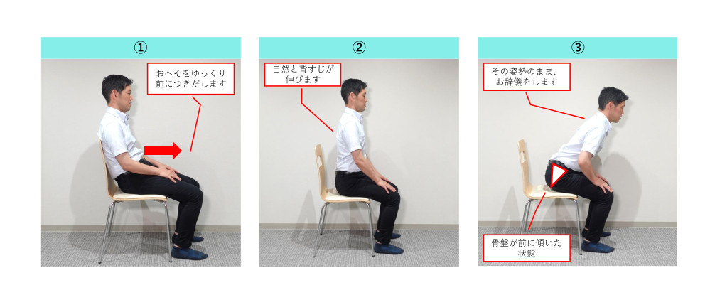 椅子に座って骨盤を前に傾けながら前かがみをしている男性