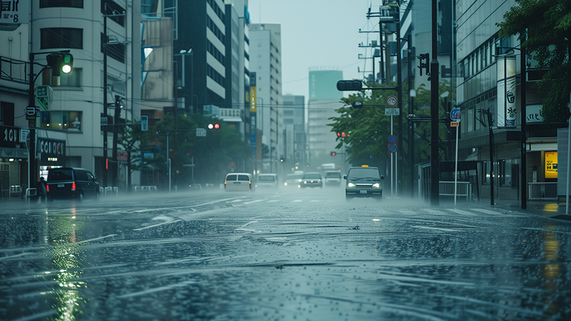 豪雨で冠水した日本の道路のイメージ