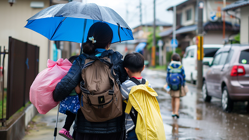 雨の中を避難する親子