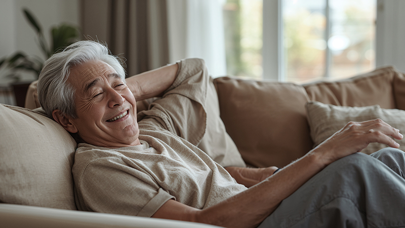 ソファでリラックスしているシニア男性