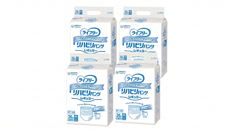 ライフリー リハビリパンツの業務用大容量パック（4袋）と、中身が同じ店頭販売品「うす型軽快パンツ」のパッケージ