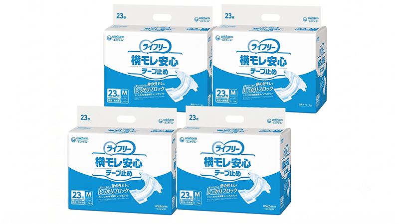 ライフリー 横モレ安心テープ止めの業務用大容量パック(4袋)と、中身が同じ店頭販売品「横モレあんしんテープ止め」のパッケージ